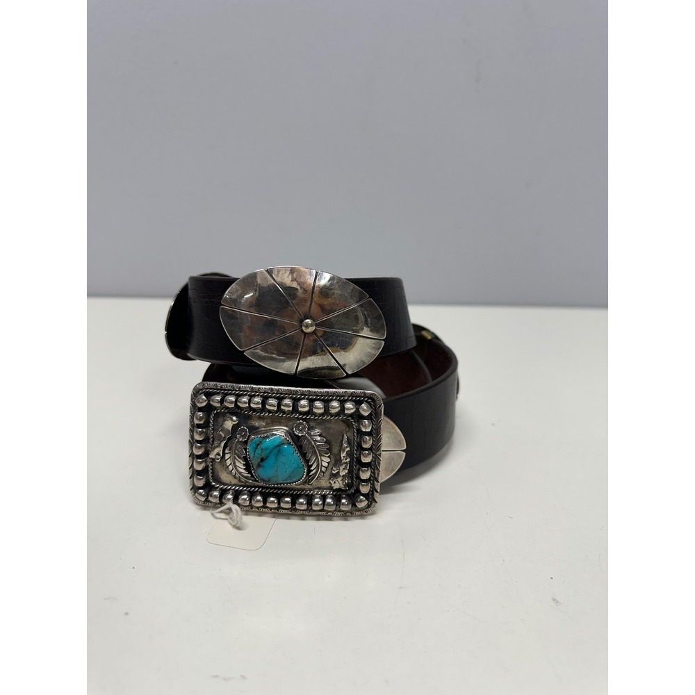 Vintage Southwestern Turquoise Concho Belt Black Leather Silver Western